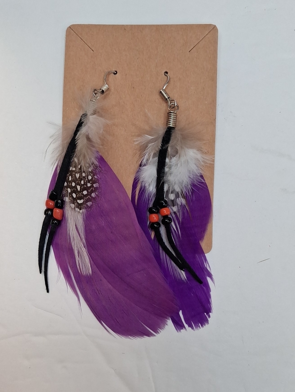 Purple Feather Earrings Handmade Boho Beaded Dangle Earrings